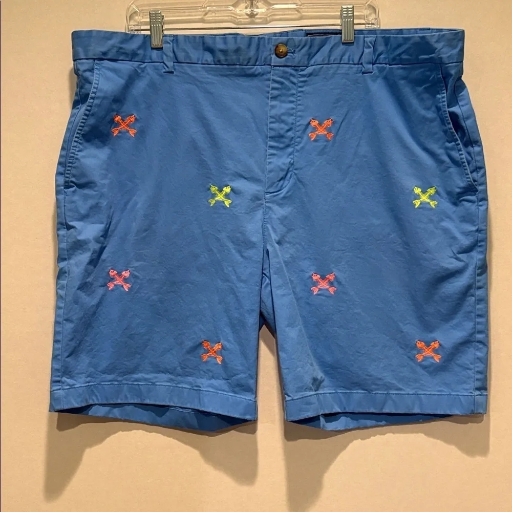 Vineyard Vines - Men's Breaker Short. Embroidered Fish Skeleton.  Blue. Size 42